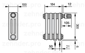 Схема (чертеж) Радиатор Zehnder Charleston 3030/4 №V002 Белый глянцевый RAL 9016